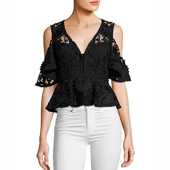 Nanette Lepore Black Cocktail Cold-Shoulder Floral Lace Top Size 8 - Picture 1 of 10